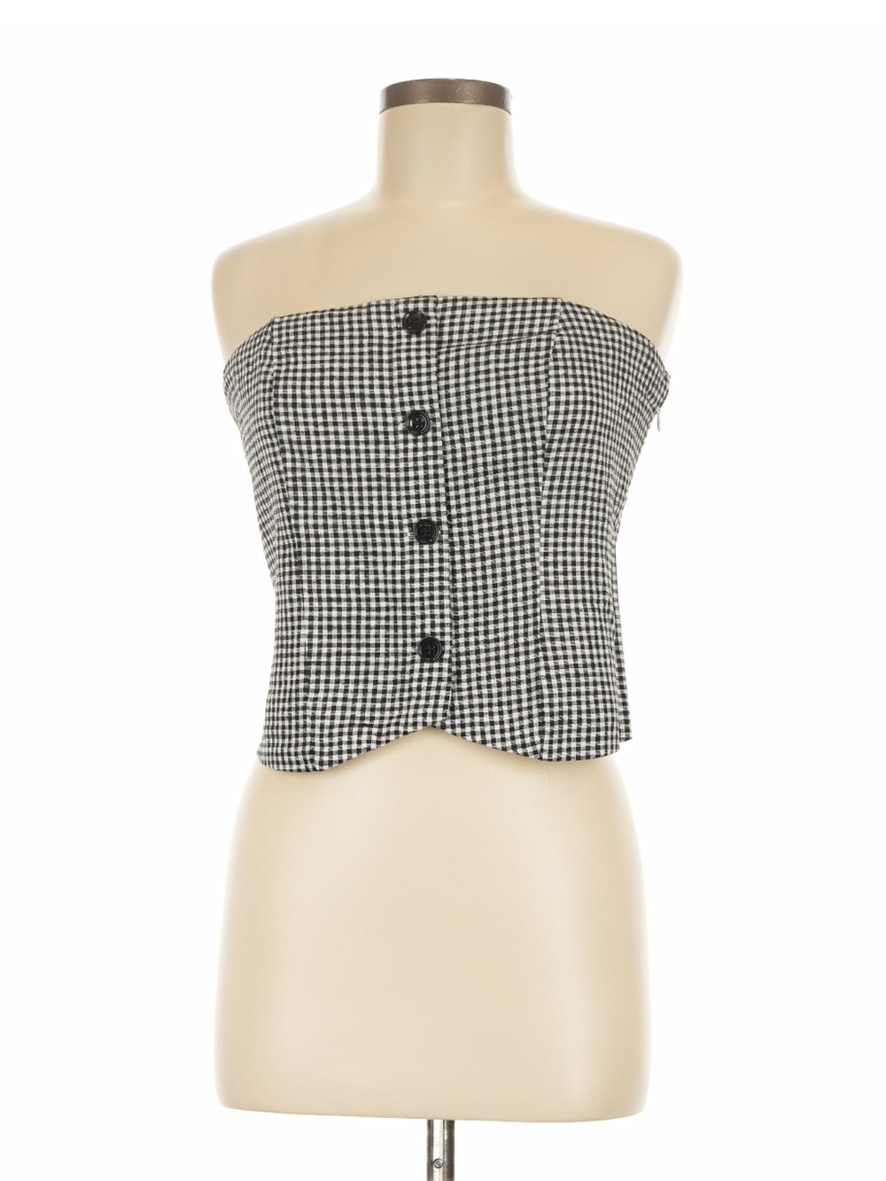 Abercrombie & Fitch Black and White Gingham Strapless Button-Front Crop Top